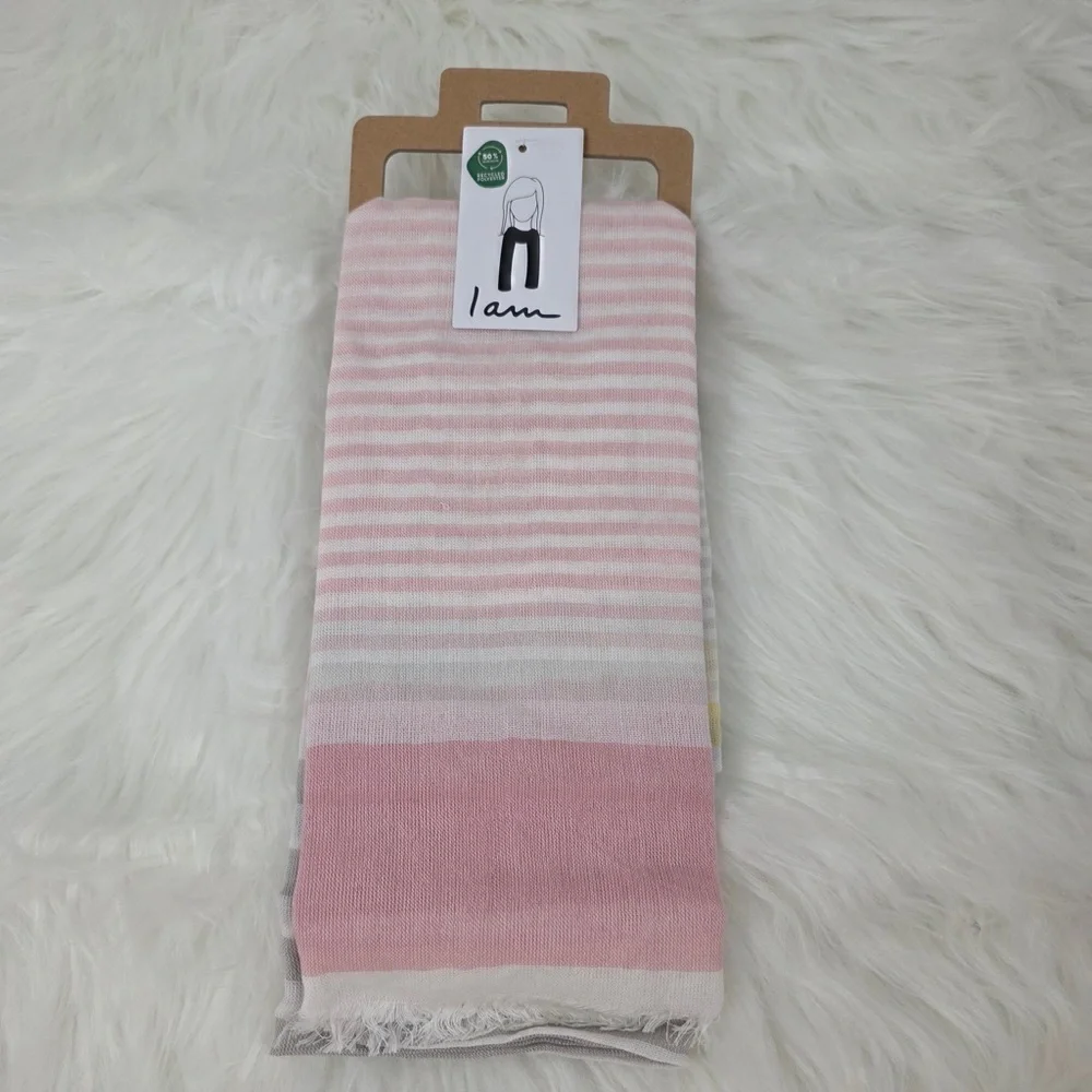 Pink, Gray and White Striped Scarf with frayed Hem